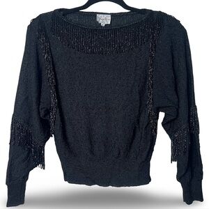 Joani Rome Women’s Vintage Black Beaded Fringe Slub Knit Sweater 80s – Sz. M